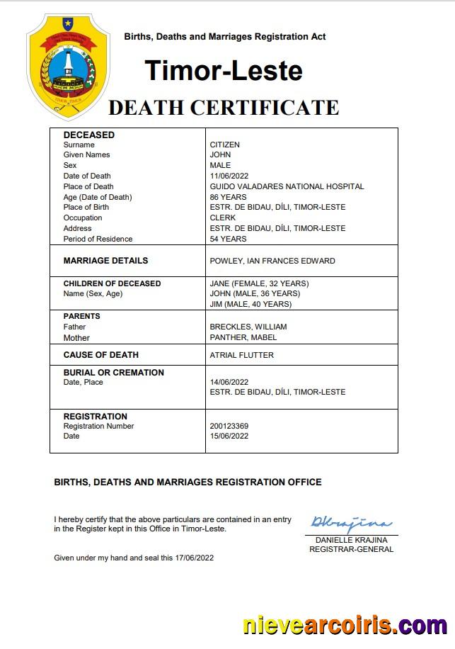Timor-Leste vital record death certificate